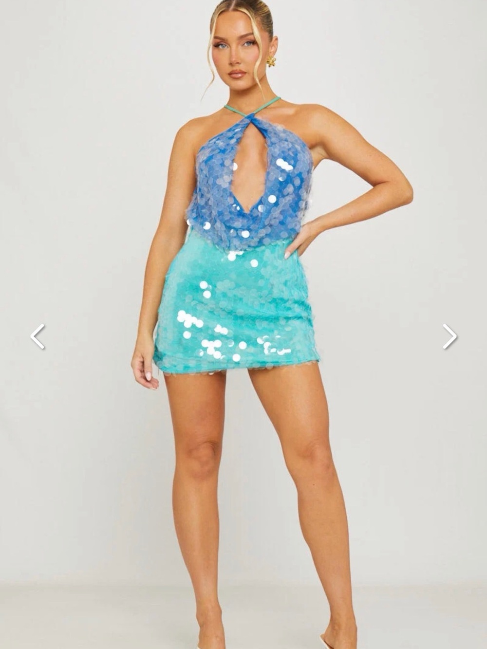 Celina Blue and Turquoise Sequin Halter Mini Dress